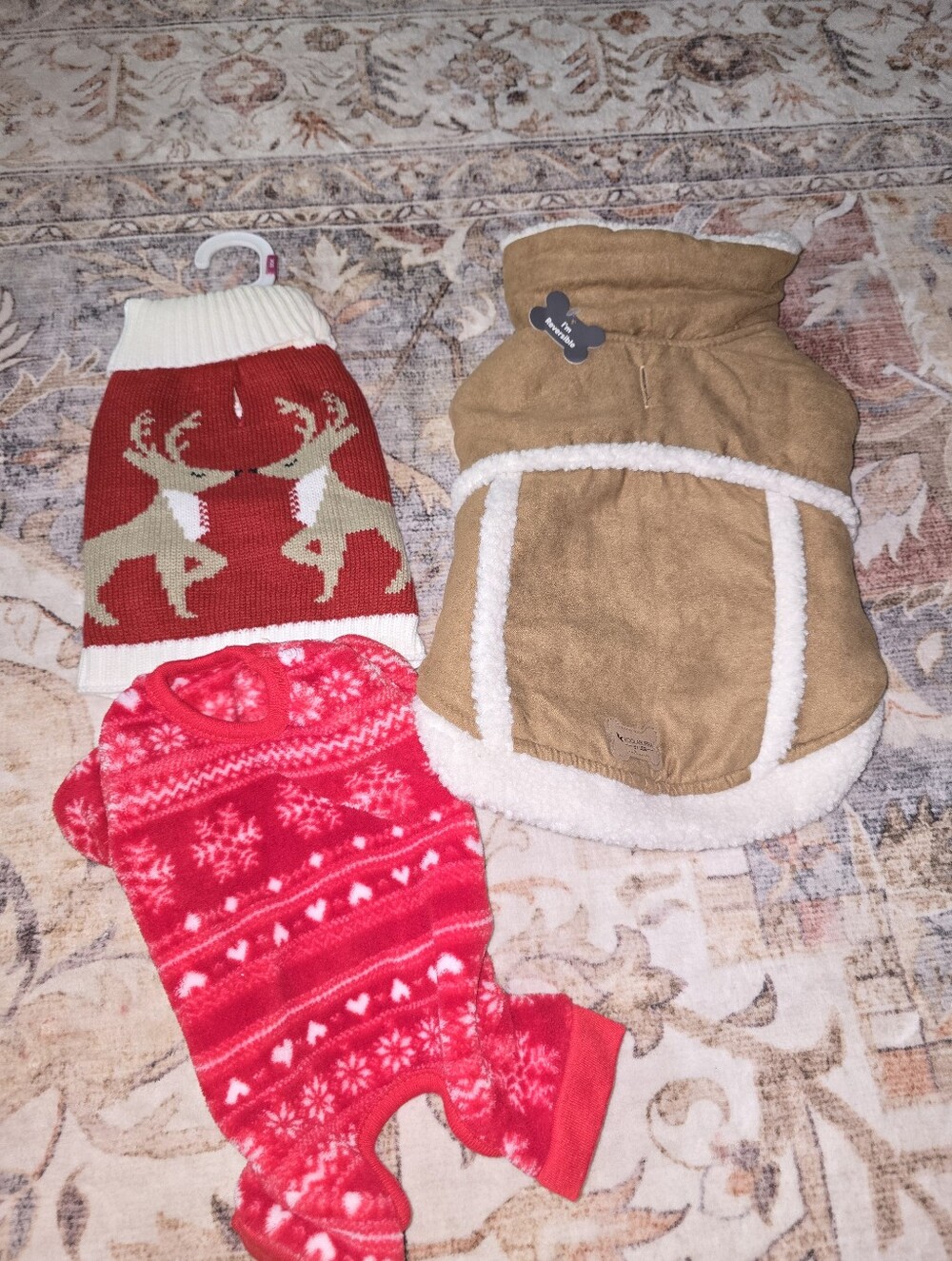 Small Dog Sweater Bundle Tan Faux Suede Sherpa Dog, Sweater, & Onesie